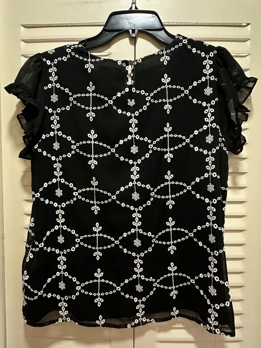 CeCe Black Blouse with White Embroidered Pattern and Ruffle Sleeves - Picture 5 of 5